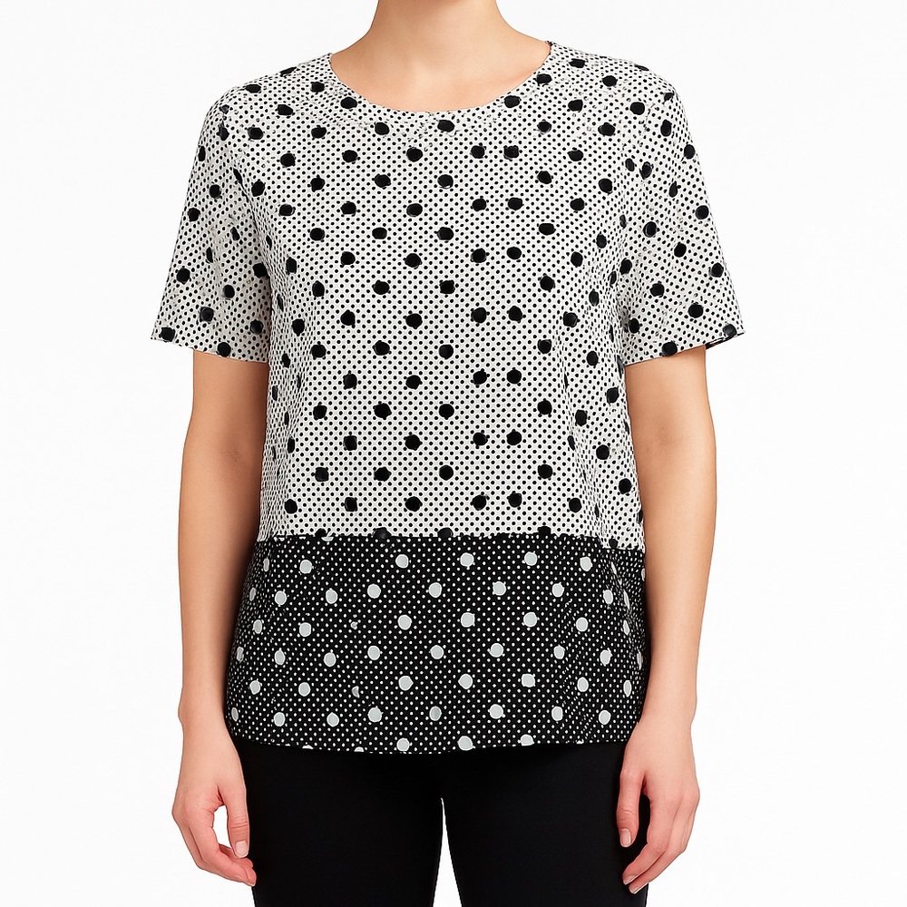 Daniel Rainn Black & White Polka Dot Blouse Size L – Colorblock Contrast Hem